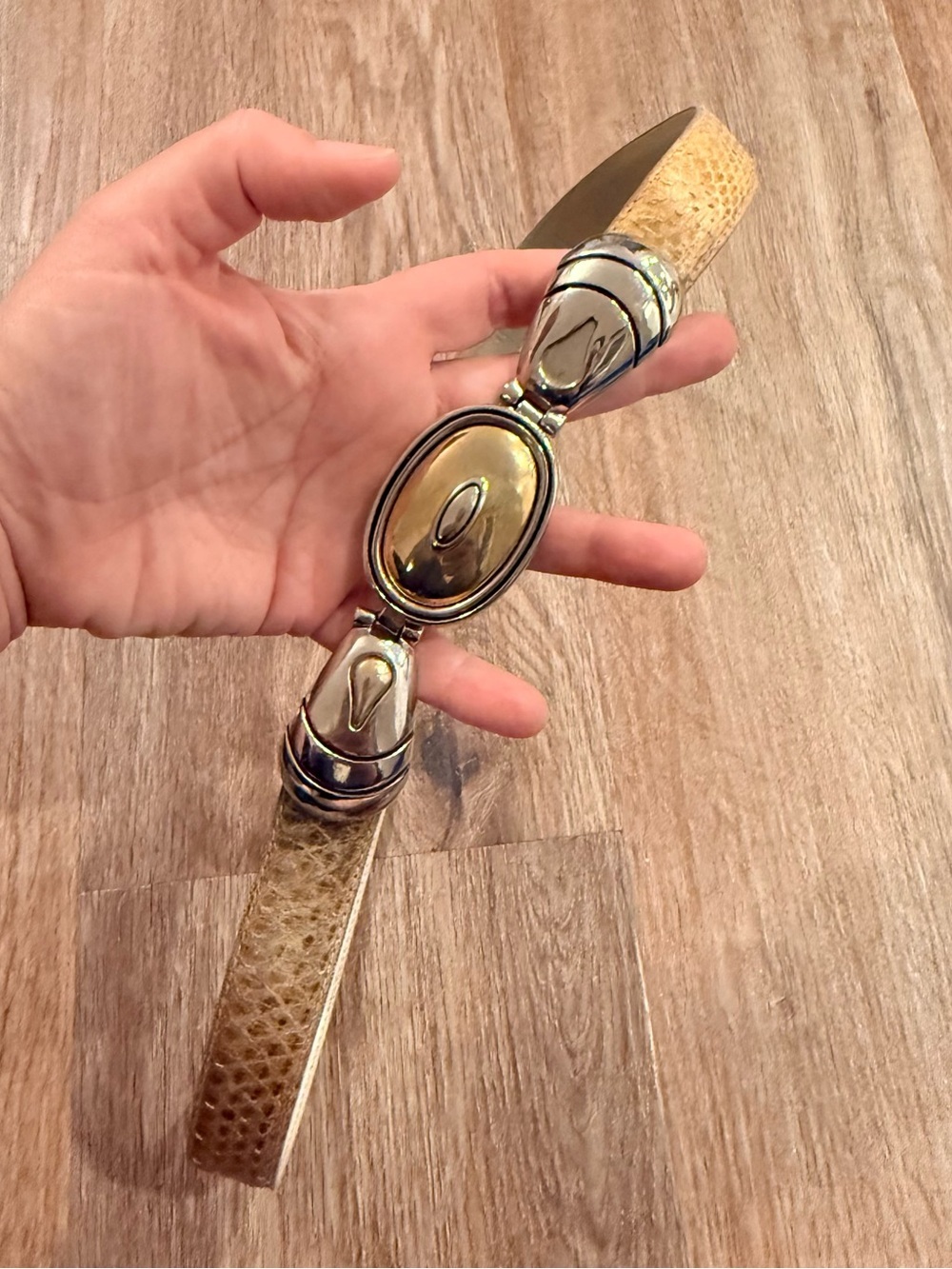 VTG Snake Skin Belt Silver Gold Buckle Adjustable Size Med Ivory Tan Western